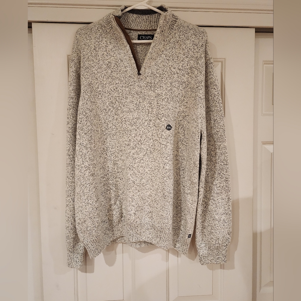 NWOT Mens XXL CHAPS Marled Sweater 3/4 Zip Faux Leather EXCELLENT! Black White